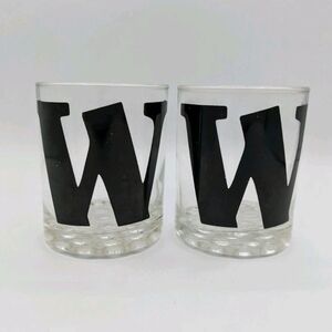 2 Vintage Black Monogram "W" Double Old Fashioned Rocks Glasses Barware